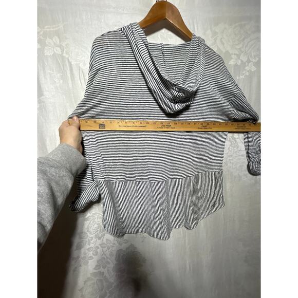 C&C California 100% Linen Shirt XL Blue White Striped Hooded Roll Tab Sleeves - Picture 9 of 10